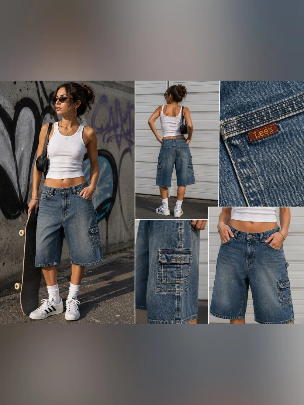 Lee Vintage Y2K Denim Bermuda Shorts Unisex size 31 Utility Carpenter Skater